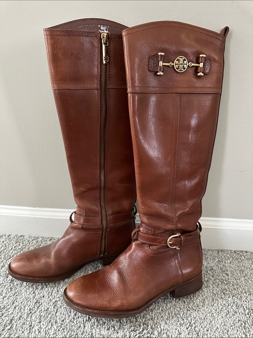 Tory Burch Cognac Leather Tall Riding Boots with Gold Logo Accent